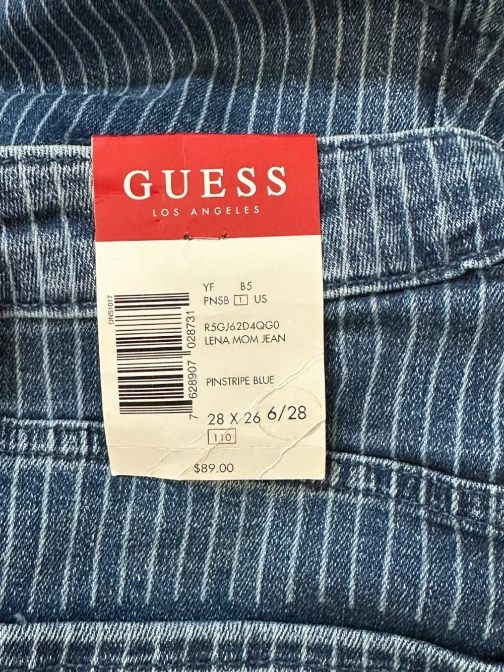 NWT GUESS Lena High-Rise Mom Jeans Blue Pinstripe - Super Stretchy! Size 28